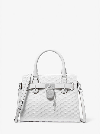 (PREORDER) Michael Kors - Hamilton Small Logo Embossed Washed Denim Satchel 35T4SHMS5C Optic White