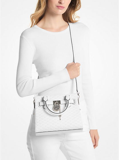 (PREORDER) Michael Kors - Hamilton Small Logo Embossed Washed Denim Satchel 35T4SHMS5C Optic White